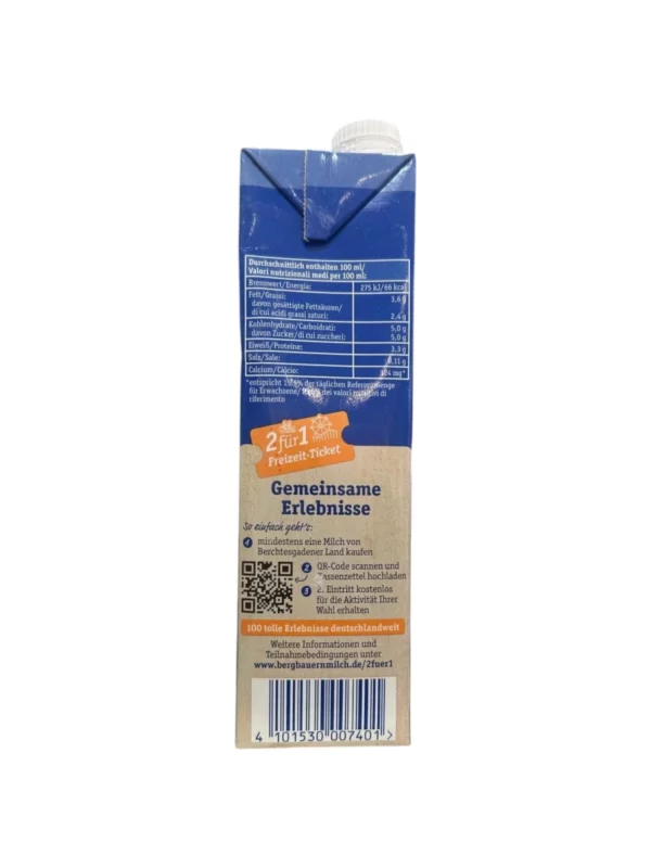 Milch, haltbare Alpenmilch, 3,5% Fett, laktosefrei, 1 l