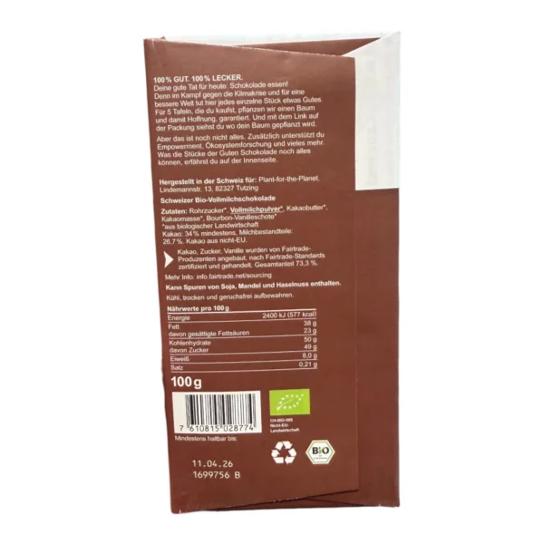 Chocolate, whole milk, 100 g