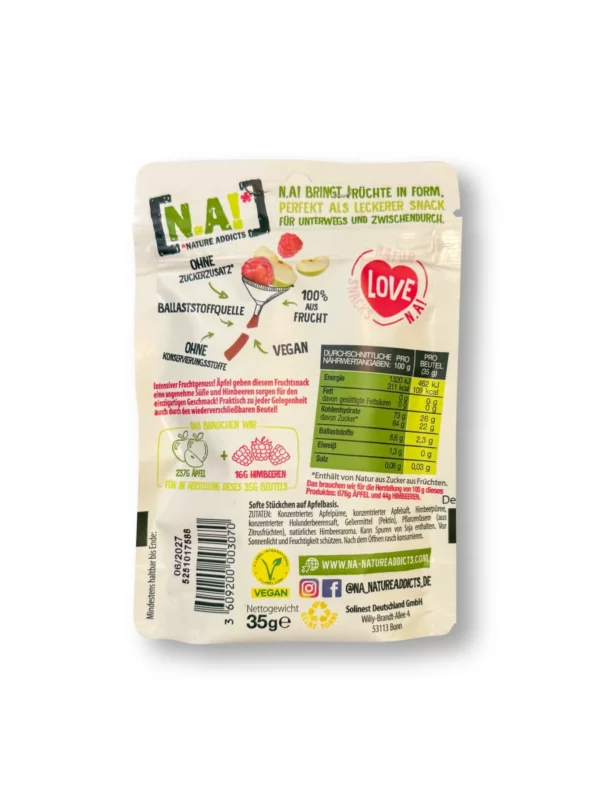 Dried fruit, fruit snack raspberry, soft apple-based pieces, 35 g