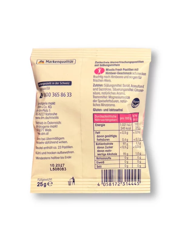 Pastilles, raspberry, sugar-free, 25 g