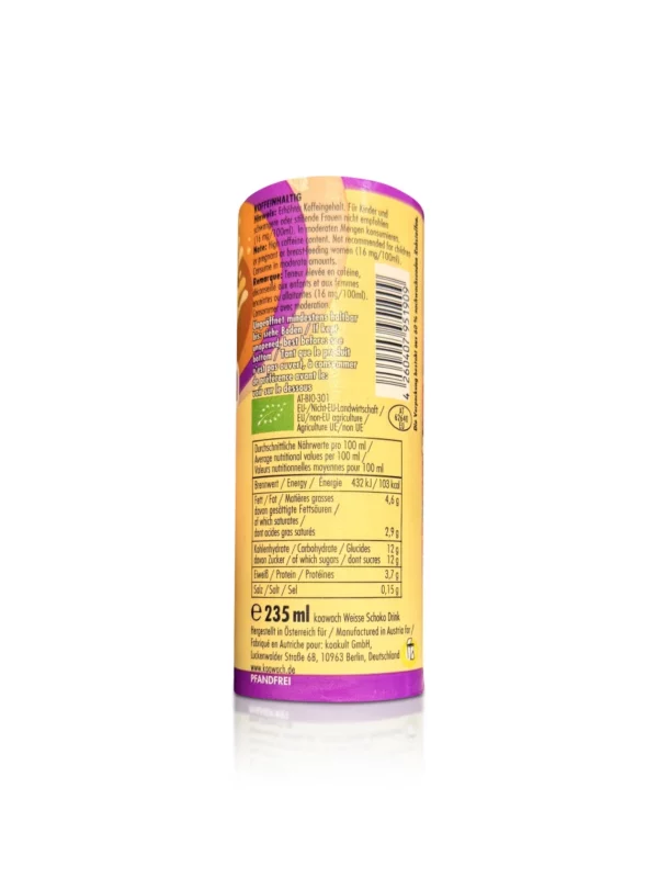 Ready-to-drink chocolate drink, white chocolate with natural caffeine from guarana, 235 ml