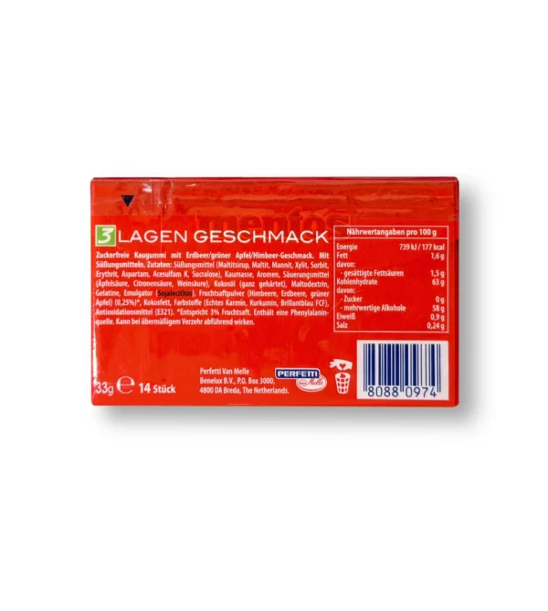 Kaugummi, Erdbeere, Grüner Apfel & Himbeere, zuckerfrei (14 Stück), 33 g