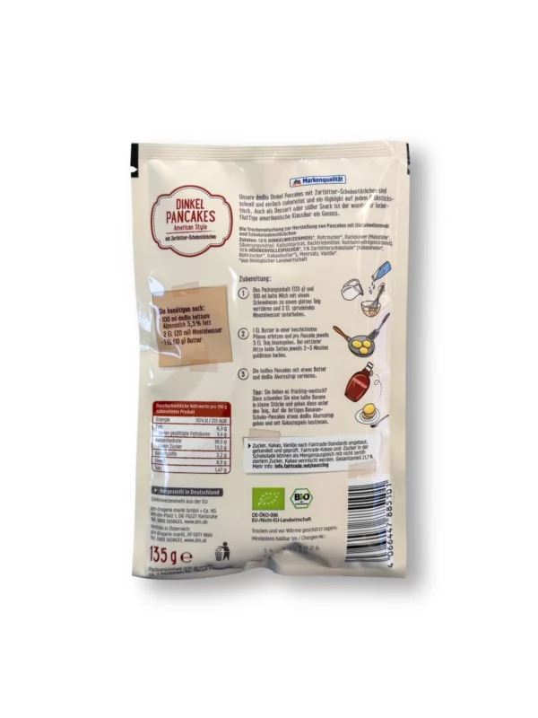 Baking mix spelt pancakes with dark chocolate chips, American style, 135 g Baking mix spelt pancakes with dark chocolate chips, American style, 135 g
