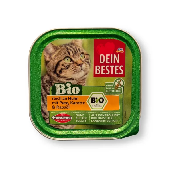 Nassfutter Katze Bio reich an Huhn mit Pute, Karotte & Rapsöl, 100 g Nassfutter Katze Bio reich an Huhn mit Pute, Karotte & Rapsöl, 100 g