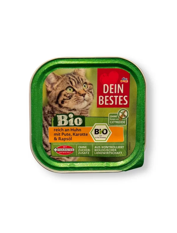 Nassfutter Katze Bio reich an Huhn mit Pute, Karotte & Rapsöl, 100 g