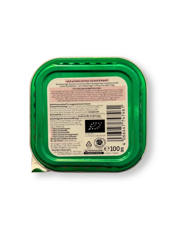 Nassfutter Katze Bio reich an Huhn mit Pute, Karotte & Rapsöl, 100 g