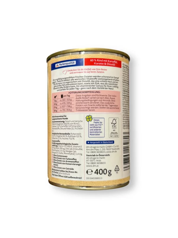 Nassfutter Hund mit Rind, Kartoffel, Karotte & Distelöl, Naturverliebt, 400 g