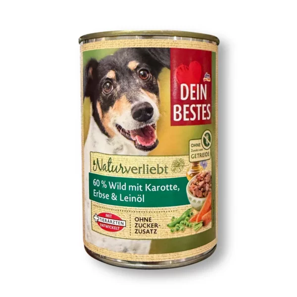 Nassfutter Hund mit Wild, Karotten, Erbsen & Leinöl, Naturverliebt, 400 g