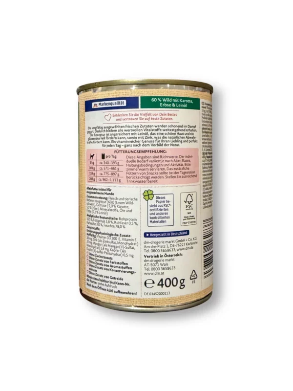 Nassfutter Hund mit Wild, Karotten, Erbsen & Leinöl, Naturverliebt, 400 g