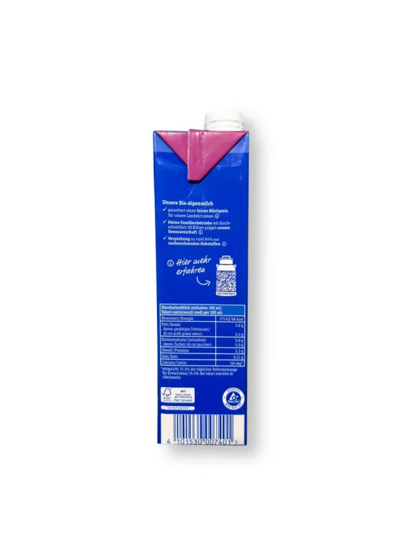 Milch, haltbare Alpenmilch, 3,5% Fett, laktosefrei, 1 l