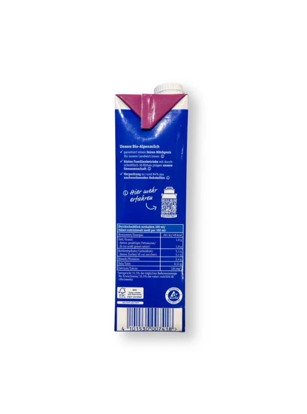 Milch, haltbare Alpenmilch, 1,5% Fett, laktosefrei, 1 l Milch, haltbare Alpenmilch, 1,5% Fett, laktosefrei, 1 l